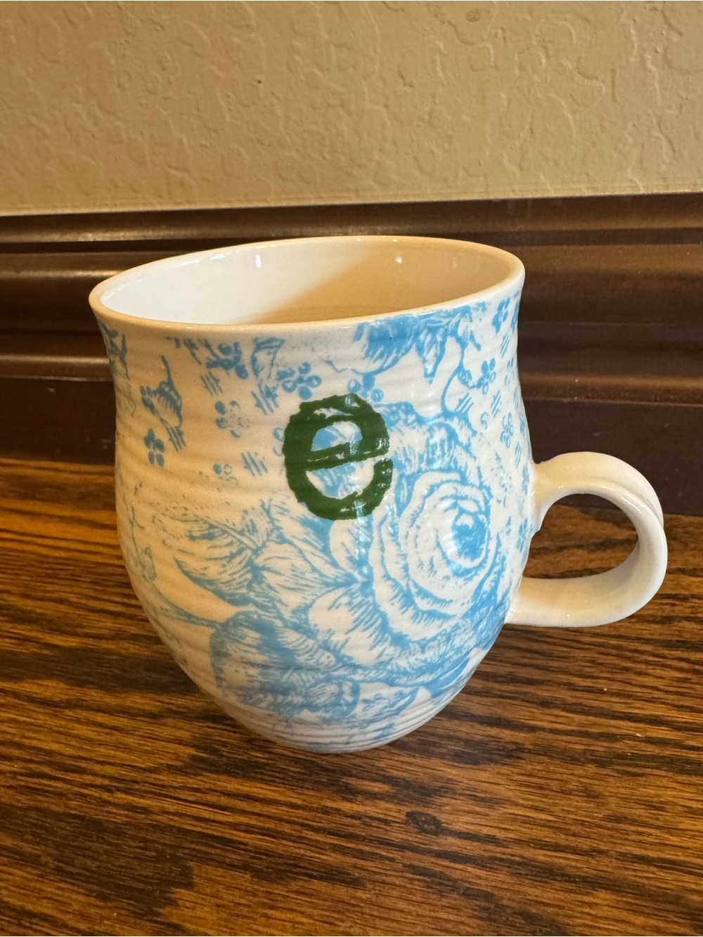 Anthropologie Heirloom Monogram Blue Floral Mug with Green “e” Accent